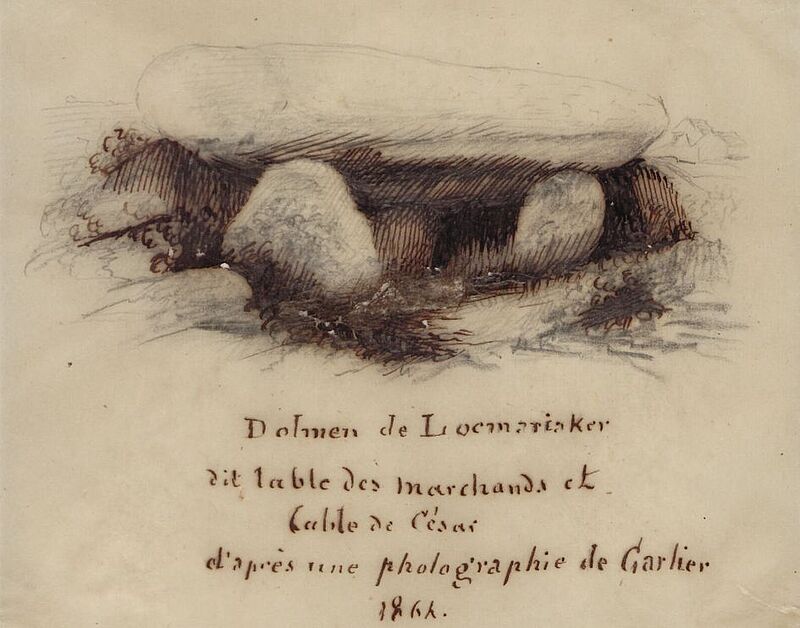 Table des Marchand à Locmariaquer, reproduction sur calque, 1864. Archives départementales du Morbihan, 7 J 153